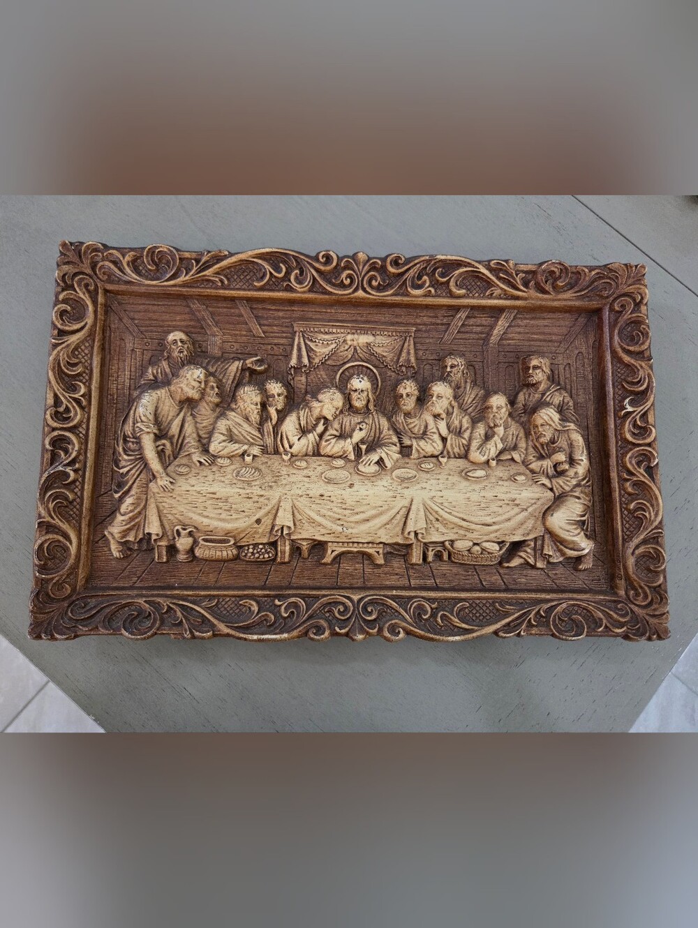 Vintage Multi Products Inc 3D Last Supper Wall Plaque Faux Wood Relief, EUC